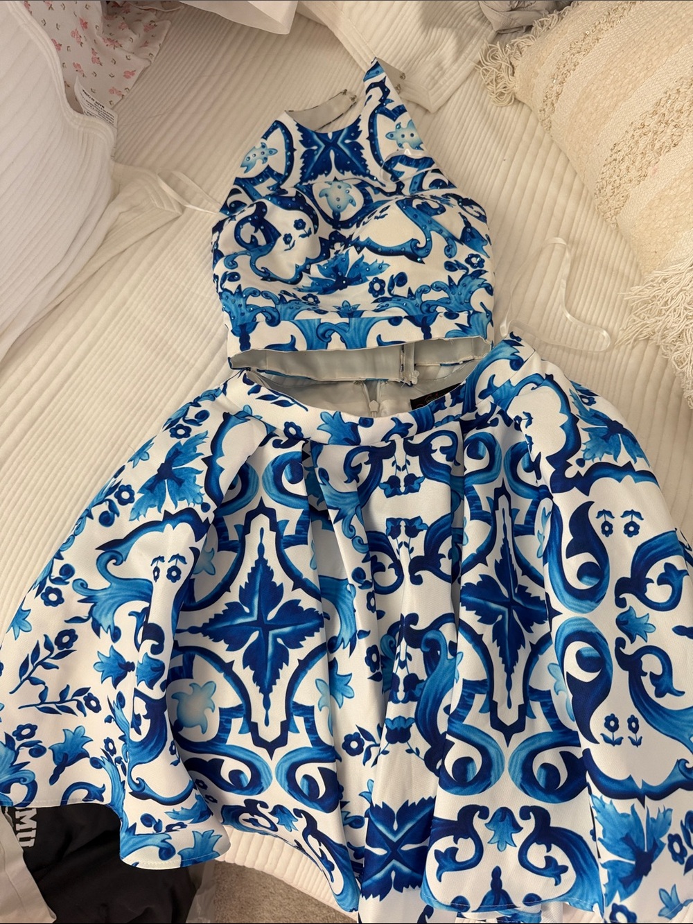 Terani Couture Blue and White Floral Two-Piece Set